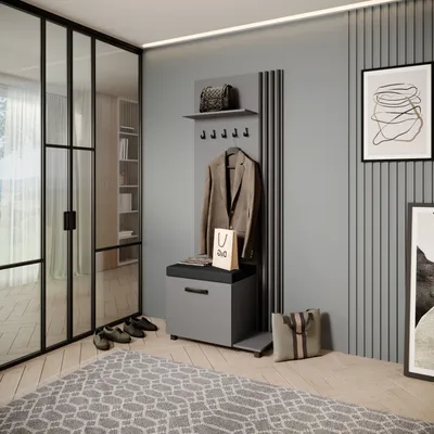 Image de Armoire penderie LIVIA - Armoire haute avec cintres, armoire à chaussures, graphite, lamelles noires, coussin d'assise noir, à droite