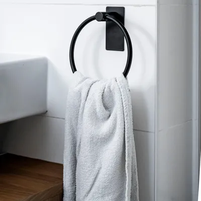 Produktbild von ELMOWO - Edelstahl Handtuchring ohne Bohren selbstklebend - Handtuchhalter Ring für Bad, WC & Küche - Moderne Handtuch Halterung in schwarz
