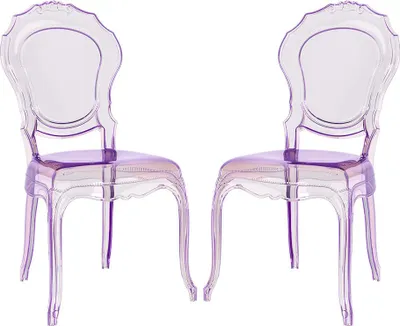 Produktbild von 2er-Set transparente Polycarbonat-Stühle im modernen Barockstil, elegant und stapelbar – für Küche, Esszimmer oder Design-Lokale – Raya – Lila