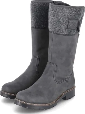 A pair of grey, mid-calf boots with a grey fabric cuff and a dark sole, presented against a white background.