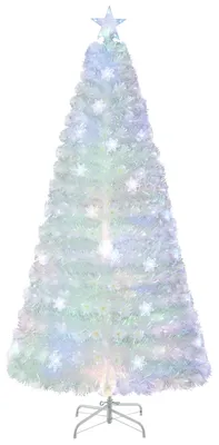 Produktbild von KOMFOTTEU Künstlicher Weihnachtsbaum mit Bunte Beleuchtung, Tannenbaum Christbaum Weiß mit Schneeflocken/LED Sternspitze, Christmas Tree faltbar für Zuhause Büro Geschäfte (210 cm)