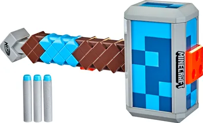 A Nerf Minecraft Stormlander Hammer toy blaster with three darts is shown against a white background.