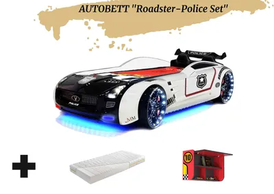 Produktbild von Autobett Kinderbett "Roadster Police" LED Sound Sportsitze inkl. Matratze und Wandregal