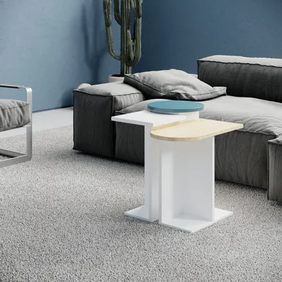 Image de DECORTIE Bouche Table d'appoint moderne chêne blanc turquoise bleu polyvalente avec créativité 50 x 27 x 46 cm