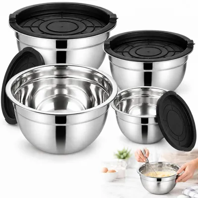 Produktbild von Rührschüssel-Set Edelstahl 4-teilig mit Deckel 14-20 cm stapelbar rutschfest