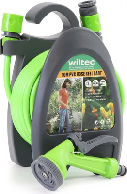 Produktbild von Wiltec Mini Schlauchabroller, Schlauchtrommel mit 10 m PVC Schlauch, Gartenschlauchtrommel aus PP, Wasserschlauch Trommel mit verstellbarer Düse