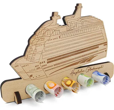 Productafbeelding van Houten decoratieve geldbel voor een verjaardag, reis of vakantiegeld - spaarpot met fiets- of bootmotief