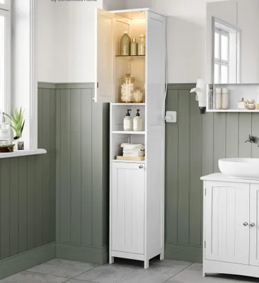 Image de Armoire de salle de bain avec éclairage – MDF – 30 x 30 x 170 cm – blanc