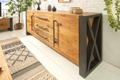 Produktbild von riess-ambiente Massivholz Sideboard THOR 200cm natur Wildeiche geölt Baumkante Metall schwarz Kommode Schrank Wohnzimmerschrank