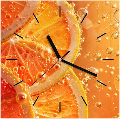 Produktbild von Wanduhr aus Glas mit Motiv Spritzige Orange- 30 x 30 cm - inkl. Aufhängesystem