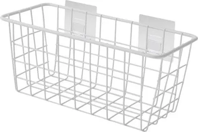 Productafbeelding van Famanu opbergmand voor wandmontage - witte metalen mand met zelfklevende haak
