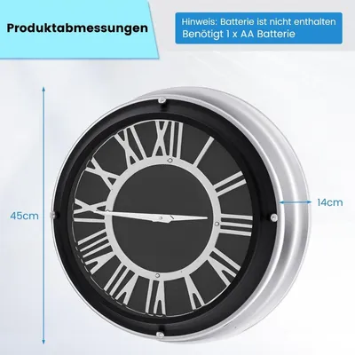 Produktbild von Ø 45 cm Leise Wanduhr mit Silbernem Rahmen & Römischem Ziffernblatt ohne Tickgeräusche-Ø 45 cm