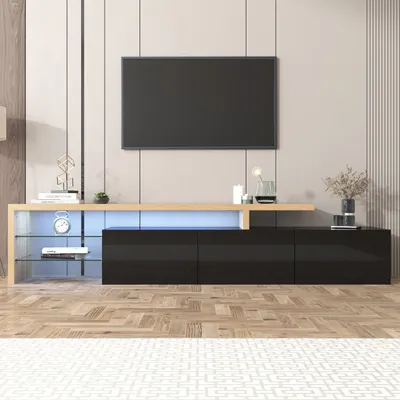 Produktbild von Odikalo TV-Schrank Lagerschrank Stauraum Hochglanz Holzoptik Glasböden LED Schwarz