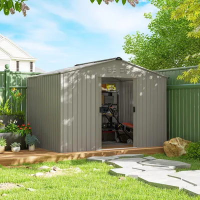 Produktbild von Geräteschuppen, Gerätehaus Metall mit Schiebetür, Gartenhaus, Belüftungsfenster, Grau | Stahlkonstruktion | 24,5 kg | 277 x 195 x 192 cm