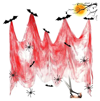 Produktbild von 200 x 500 cm Halloween Gruselige Tuch + 16 Fledermäusen + 20 Spinnen Halloween Deko Stoff Halloween Gruselige Tuch Halloween Gruseliges Tuch Dekorationen für Halloween Party Dekoration (Blutrot)