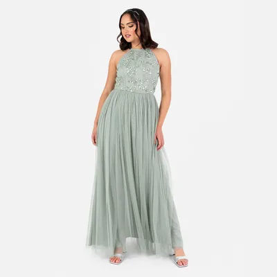Produktbild von Maya Deluxe Damen Maxikleid, Damenmodell mit Halstiefe, ärmellos, mit Blumenmuster und Paillettenbesatz