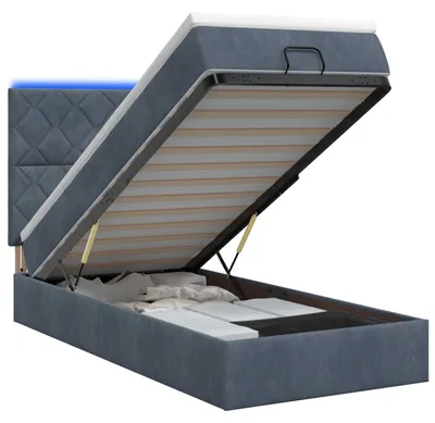 Image de Banc coffre avec matelas et éclairage LED, gris foncé, 90 x 190 cm, revêtement en velours