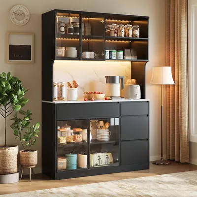 Immagine prodotto di Armadio per il soggiorno con ante in vetro e illuminazione a LED, pensili da cucina con cassetti, piano di lavoro con effetto marmo, colore nero