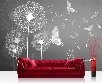 Obrázok produktu pre Tapeta na stenu rastliny púpava kvetina rastlina motýľ maľba sivá | č. 1430, rozmer:368x254 cm, materiál:netkaná tapeta - PREMIUM PLUS
