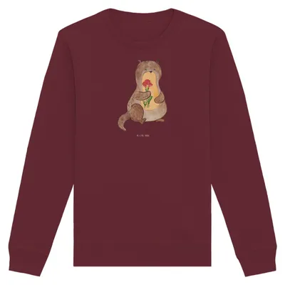 Produktbild von Mr. & Mrs. Panda Baumwoll Pullover Otter Blumenstrauß Größe XL - Burgundy - Geschenk, Seeotter See, Bio-Pullover, Sweater, Sweatshirt, Süß, Niedlich, Pulli