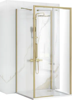 A modern shower cabin with marble-effect walls and gold fixtures.