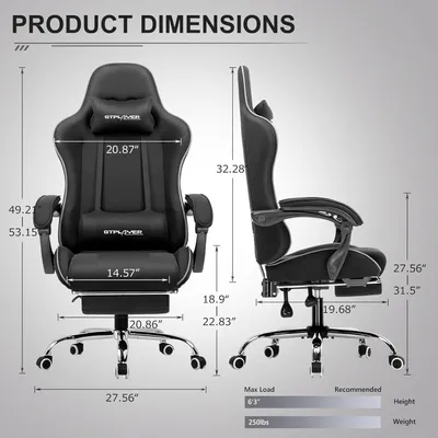Obrázok produktu pre Ergonomická herná stolička s podnožkou, masážnou funkciou a čalúnením z čiernej látky