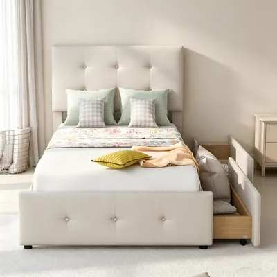 Obrázok produktu pre Postel INONEFT, čalúnená, 90x200 cm, detská posteľ, posteľ pre mládež, jednolôžková posteľ, hosťovská posteľ s 2 zásuvkami na odkladanie vecí a latkovým roštom, úložná posteľ, zamat, béžová