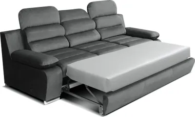 A gray sectional sofa with a pull-out bed extended.