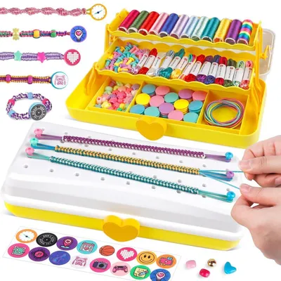 Immagine prodotto di Kit per creare braccialetti dell'amicizia per bambine dai 6 anni in su, con supporto per facilitare la creazione | Scatola a 3 livelli contenente 26 gomitoli di filo, perline, bottoni, elastici e istruzioni per realizzare fino a 20 modelli