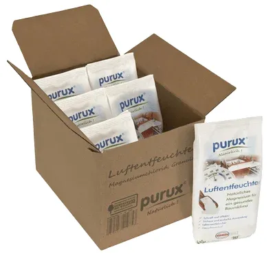 A cardboard box filled with several smaller packages of air dehumidifier, with one larger package in front.