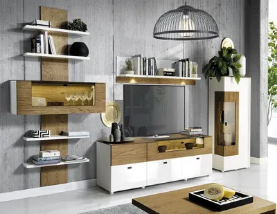 Immagine prodotto di Set soggiorno mobili moderni in legno parete attrezzata scaffale a muro mensole TV lowboard