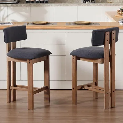 Imagen del producto de Juego de 2 taburetes de bar, estilo rústico, con estructura de madera y asiento acolchado. Taburetes para barra o mostrador, ideales para cocina, comedor o sala de estar. Color: gris