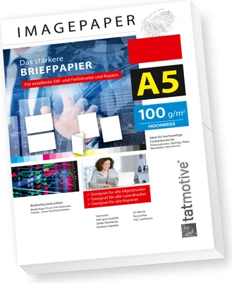 Produktbild von TATMOTIVE Imagepaper 100g/qm DIN A5, das stärkere Briefpapier, brillante Drucke für alle Drucker, 1000 Blatt Kopierpapier Druckerpapier weiß