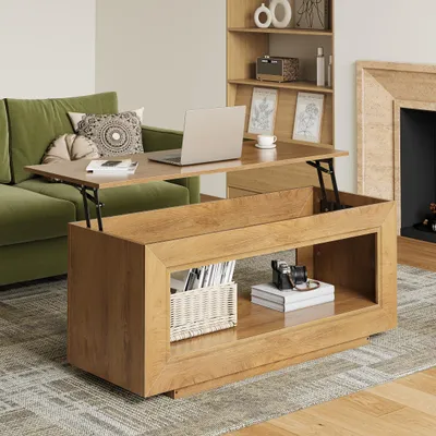 Produktbild von FABATO Hebbarer Couchtisch Naturholz mit Stauraum – höhenverstellbar, multifunktional, Landhausstil – ideal als Wohnzimmer-Mitteltisch