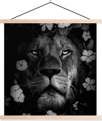 Produktbild von MuchoWow® Textilposter Blumen - Löwe - Dschungel - Schwarz - Weiß 60x60 cm mit holzfarbenen Rahmen - Wanddekoration