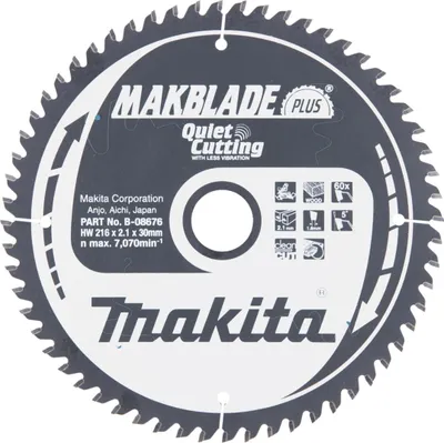 Image de Lames Carbure Ø 216 mm MAKITA B-08676 Makblade Plus Bois 60 dents pour scies radiales et à onglets