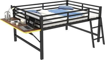 Image de Lit superposé avec éclairage LED, bureau, barrière de sécurité, échelle et sommier à lattes, lit pour enfant, lit en métal, lit pour adolescent (noir, 140x200 cm)