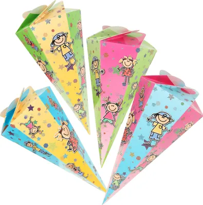 Produktbild von com-four® 4x Schultüte 30cm, Geschwisterschultüten aus Pappe, faltbare Zuckertüte für die Einschulung zum Schulanfang, Geschenkverpackung für Schulanfänger