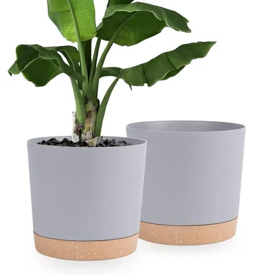 Image de Jeu de 2 pots de fleurs de 30,5 cm, gris clair, avec sous-couche et trous de drainage