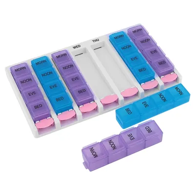 Zdjęcie produktu dla Pudełko na tabletki, pudełko na tabletki na 7 dni, pudełko na tabletki z 28 przegródkami, organizer na leki, pudełko na tabletki z zatrzaskiem