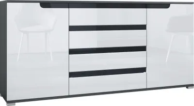 Produktbild von Vladon Sideboard Sylt V2, Kommode mit 2 Türen und 4 Schubladen, Korpus - Anthrazit matt / Front - Weiß Hochglanz / Absetzung - Schwarz Hochglanz (166,5 x 75,5 x 35 cm)