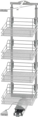 A pull-out pantry organizer with four wire baskets mounted on a vertical frame, shown extended from a cabinet.