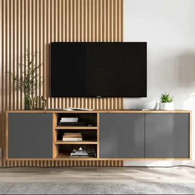 Produktbild von TV-Wandschrank TV-Schrank TV Möbel Apollo  Dreitürig Modern Lindner Möbel Loft Style 150cm x 39cm x 35cm Farbe: Wotan Eiche matt - graphit matt