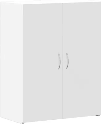 A white two-door cabinet with silver handles against a white background.