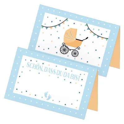 Produktbild von itenga 24x Tischkarten "Kinderwagen Vintage / Schön dass du da bist" blau gelb