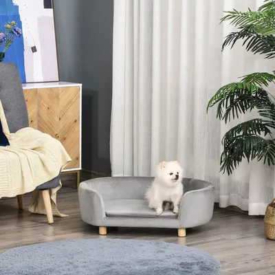 Zdjęcie produktu dla Sofa dla psa PawHut Pet Sofa Legowisko dla psa z holenderskimi nogami z pianki aksamitnej z brzozy dla kotów i psów 86 x 55 x 33 cm Jasnoszary