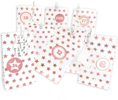 Produktbild von Adventskalender Weihnachtszeit, Blockbodenbeutel weiß, rosegold Sterne, Ziffern rosegold