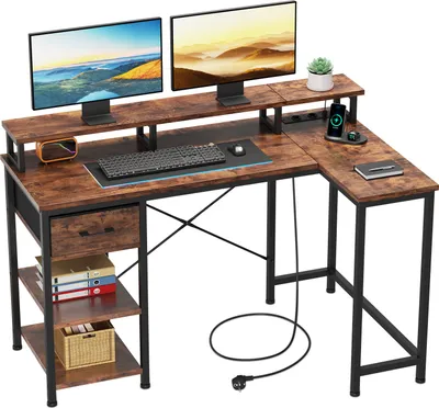 Produktbild von Dripex Schreibtisch L-Form mit Steckdose & USB-Ladeanschluss Arbeitstisch Eckschreibtisch Bürotisch L-förmiger Computertisch mit Monitorständer