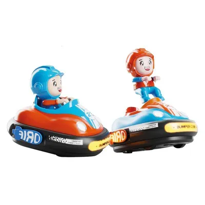 Two toy bumper cars with cartoon characters driving them, shown against a white background.