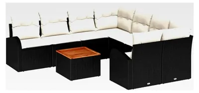 Produktbild von 9-teiliges Garten Sofa Set mit Kissen Schwarz Poly Rattan Akazie Lounge Sofa Outdoor